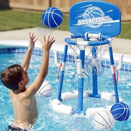 HYES 2 in 1 Pool Basketball Hoop, Floating Pool Toys with 4 Balls/8 Ring Toss Game for Kids Ages 4-8, Indoor Outdoor Water Basketball for Poolside Family Party for Adults Kids 8-12, Blue