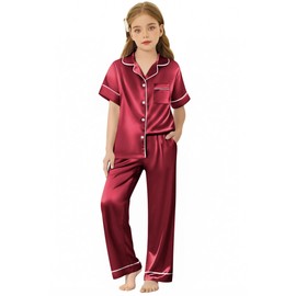 Arshiner Girls Pajamas Silk Satin Button Down Pjs 2 Piece Short Sleeve Sleepwear Set Red 7-8 Years