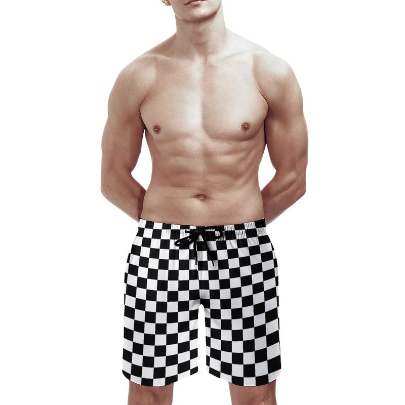 BUGKHD Checkerboard Modern Black Checkered Pattern Men's Summer Beach Shorts,