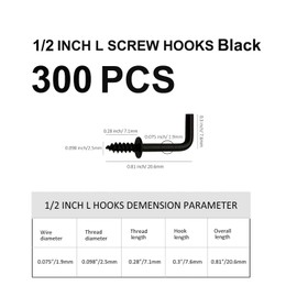 300 PCS 1/2 Inch Screw in Hooks, Mini 7 Shaped Right Angle Screw Hanger,Black L Shaped Hook, Perfect for Lamp,Plants,Decorations,kitchenware and DIY Crafts