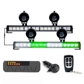 Xprite Emergency Dash Strobe Lights, 32LED Anti-Glare Windshield Visor Light Bar, Wireless Remote & Pressure-Boosted Suction Cups for Traffic Construction Police Vehicles White Green