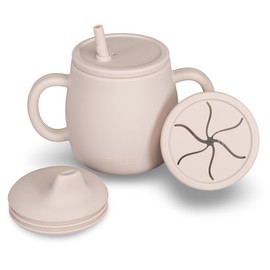 sophie + lauren 4-in-1 Silicone Sippy Cup with Snack and Straw Lid 6oz | Transition Training Cup for 6+ months to Toddler (Beige)