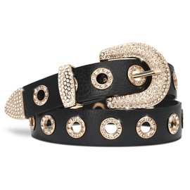 LCG LUCHENGYI Women Punk Faux Leather Grommet Belt Vintage Studded Rhinestone Rock Belts for Jeans Dress Pants