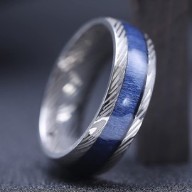 King Will Titanium Wedding Band for Men-8mm Dome Titanium Men Ring with Blue Maple Wood Inlay and Inner Plating Damascus Texture, Wooden Wedding Band Ring for Men Women Comfort Fit Size 11.5