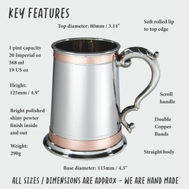 Wentworth Pewter 1 Pint Double Copper Band Monarch Tankard with Engraving