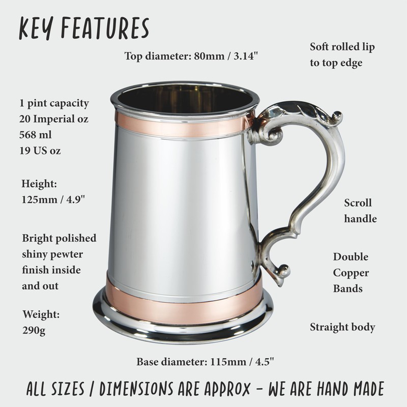 Wentworth Pewter 1 Pint Double Copper Band Monarch Tankard with