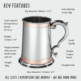Wentworth Pewter 1 Pint Double Copper Band Monarch Tankard with Engraving