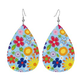 MIOAOSRT Cartoon Flowers Teardrop Dangle Earrings Lightweight Faux Leather Drop Dangle Earrings Fashion Tear Drop Earrings Set for Women Teen Girls Jewelry Gift