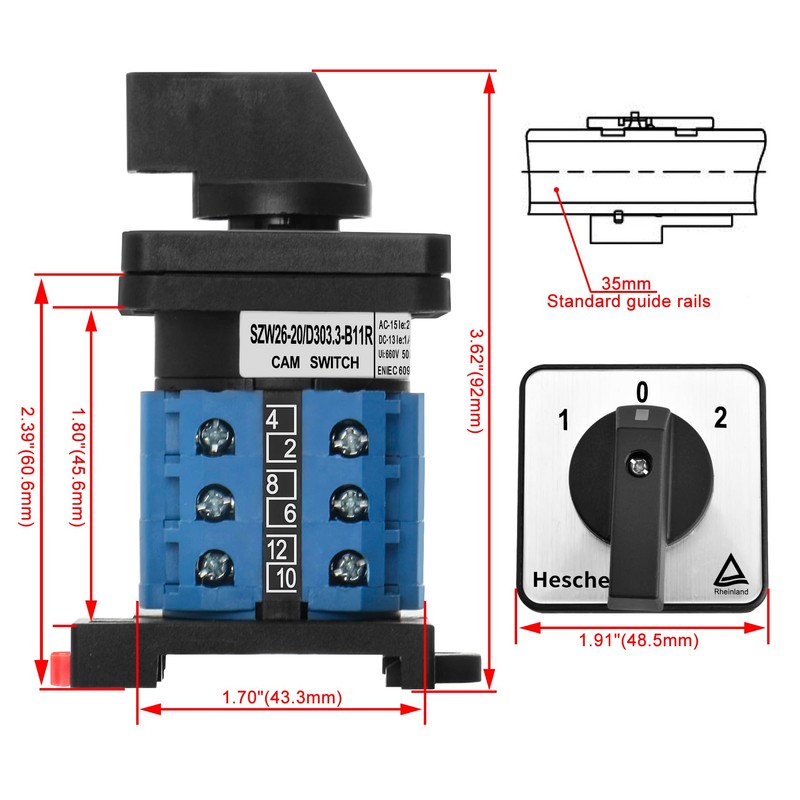 Heschen Universal Rotary Cam Selector Switch, SZW26-20/D303.3-B11R, 35mm DIN Rail