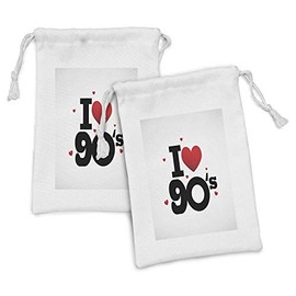 Lunarable 90s Fabric Pouch Set of 2, I Love 90s Illustration with Hearts Decade Old Days Best Times, Small Drawstring Bag for Toiletries Masks and Favors, 9" x 6", Pale Grey Red Black