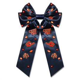 Vokone Game Day Hair Bows for Women Jeweled Hair Bow Clip Pearl Crystal Silky Satin Ribbon Bow Barrette Hair Clip Football Sports Fan Team Accessories Navy Orange
