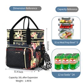 LOKASS Lunch Box for Women/Men-16L-Insulated Lunch Bag, Expandable Double-layer Leakproof Cooler Bag with Upgrade Adjustable Shoulder Strap Ideal for Work/Travel/Picnics（Floral）