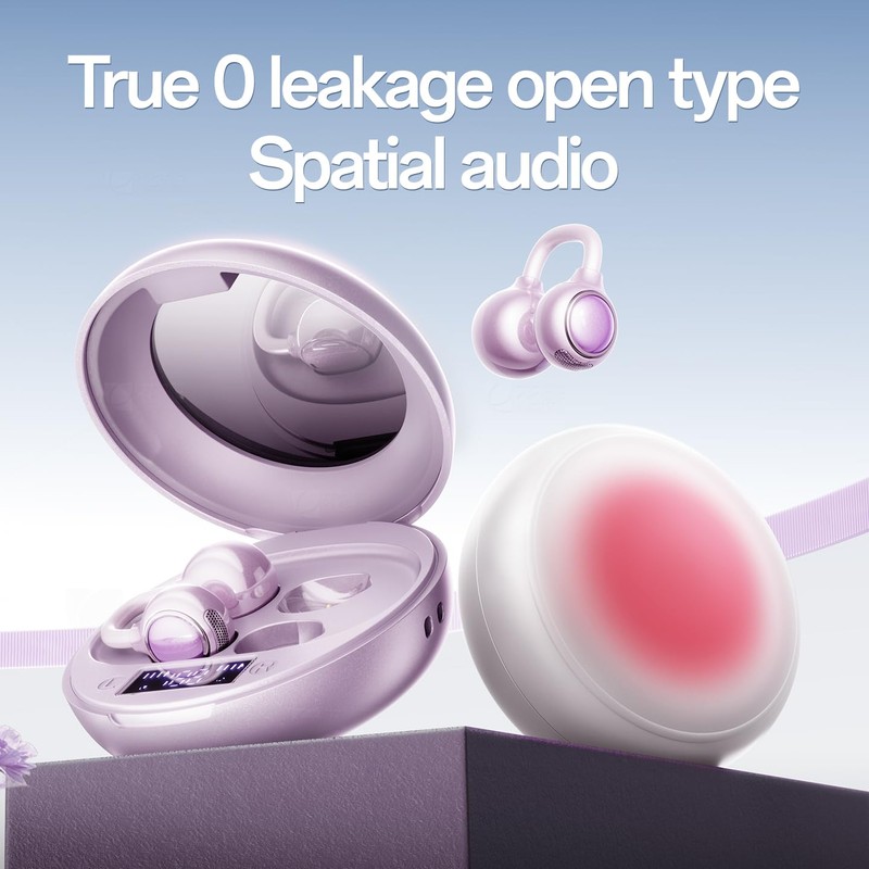 Clip-On Earbuds,Open-Ear Wireless Bluetooth 6.0 Headphones with Makeup Mirror, Secure