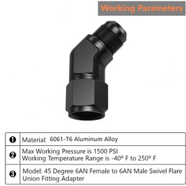 YXT 6AN Female to Male 45 Degree Elbow Swivel Hose Fitting Adapter Aluminum Black (6AN)