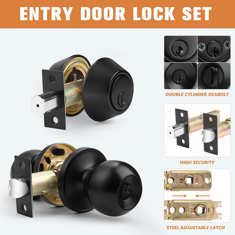 Probrico 1 Pack Door Knob with Double Cylinder Deadbolt Lock