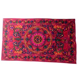 Original Kikan Rectangle Floral Suzani Art Sequinned Indian Wall Hanging Tapestry Cotton Embroidered Runner Ethnic boho (Red)