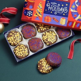 Merry Christmas Milk Chocolate Covered Chocolate Sandwich Cookies, Custom 8 Pc. Gift Basket, Fresh Hand Decorated Assortment, Sweet Multi-Layered Sandwich Treats for Kids and Adults (Blue, Red & Gold)