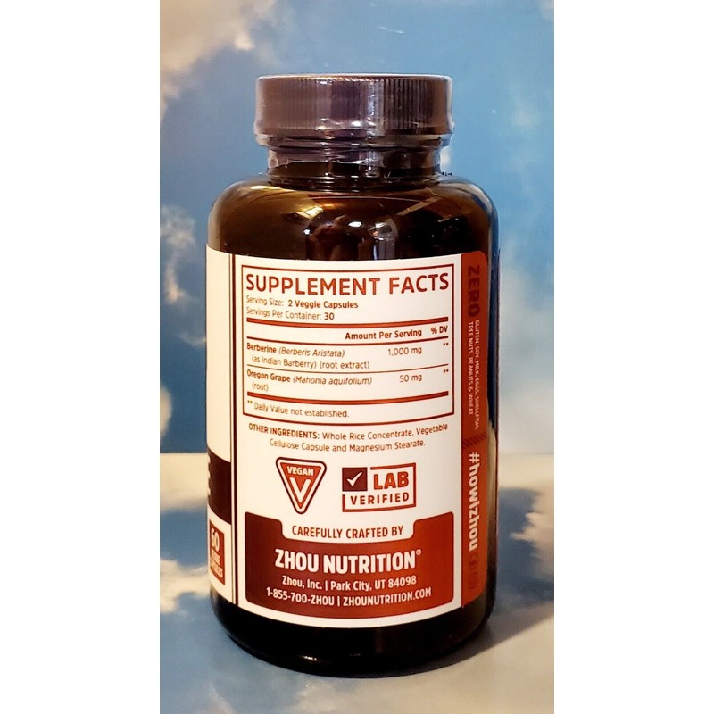 Zhou Nutrition Berberine Zhou 1000mg 60 Veggie Caps Exp 9/25