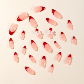 Red French Tip Press On Nails Almond Fake Nails Bow With Pearl Design Medium False Nails Full Cover Acrylic Glue On Nails Artificial Nails Glossy Stick On Nails For Women 24pcs