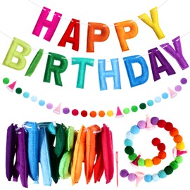 Shknldzsm 2 Pcs 118 Inch Pre-Strung Happy Birthday Banner Felt Ball Garland Happy Birthday Garland Rainbow Happy Birthday Decorations Reusable Natural Handmade Felt Letters Balls for Party Decor