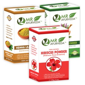 MR Ayurveda Hibiscus Powder, Indigo Powder and Henna Powder for Hair - Set of 3 (100 Grams Each)