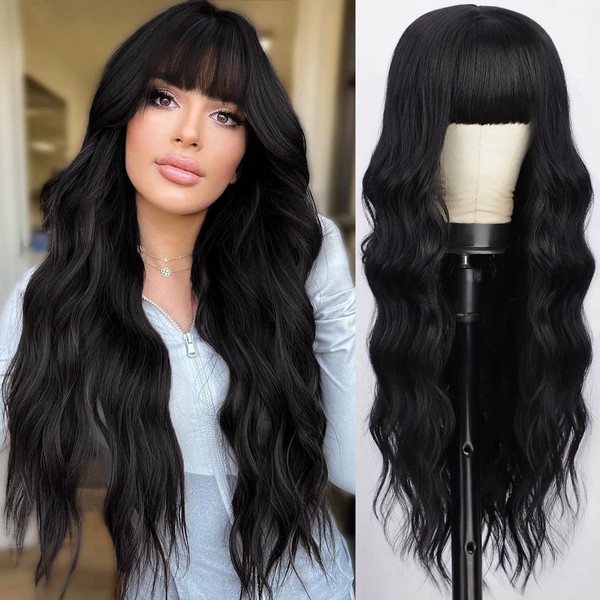 AISI QUEENS Black Wig with Bangs, Long Black Wavy Wigs for Women Synthetic Wigs Natural Black Curly Hair Wig for Girls Daily Party Use