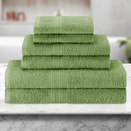 Superior Eco-Friendly Cotton 6-Piece Towel Set, Bathroom, Shower, Spa, Large and Small Assorted Towels for Home, Apartment, Dorm, 2 Bath, 2 Hand, 2 Face/Washcloth, Soft, Absorbent, Terrace Green