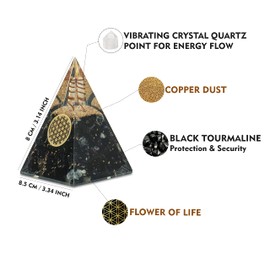 Mystic Gleam Black Tourmaline Orgone Pyramid - Orgonite Pyramid with Copper Coil and Flower of Life - Natural Healing Stone Crystal Orgone Therapy