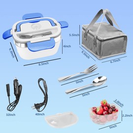 Lonchera Termica Eléctrica Portátil para Hombre y Mujer, 3 en 1 Fiambrera Eléctrica 1.5L, Calentador de Alimentos, Caja de Almuerzo con Recipientes de Acero Inoxidable y Horquillas, Lonchera Eléctrica Recargable Adecuada para Automóviles, Familias y Ofic