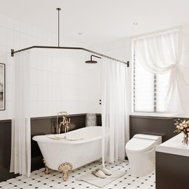 Naiture Corner Neo-Angle Shower Curtain Rod Stainless Steel with Ceiling Support, 18-1/2" X 26" X 54-1/2"(counterpart wall size:72" x 36"), Black Finish