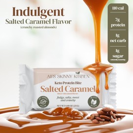 Keto High-Protein Bites - Plant-Based, Sugar-Free, Low-Carb Vegan Protein Snack Bars - Gluten-Free, Natural, Clean and Healthy - Salted Caramel Almond Flavor - Ali’s Skinny Kitchen (8 Count)
