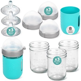 Mason Bottle Baby Glass Bottles Gift Set - Includes 3X Anti Colic Glass Baby Bottle 8 oz, 3X Slow Flow Nipple, 3X Cap+Ring, 1x Silicone Sleeve - BPA Free, Non Toxic Glass Feeding Bottles for Babies