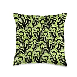 African Animal Prints Supply Co. Cute Lime Green Pastel Peacock Print Pattern Design on Black Throw Pillow, 16x16, Multicolor
