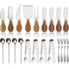 Charcuterie Boards Accessories Stainless Steel Cheese Knife Set of 21 Wooden Handle Cheese Spreader Knives with Mini Serving Tongs Spoons Forks