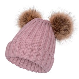 SERENYOU Women Winter Knitted Bobble Beanie Hat with Double Faux Fur Pom Pom Pink