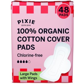 Pixie Organic Cotton Large Pads for Women - Extra Heavy Absorbency with Wings - Leak-Proof, Hypoallergenic & Unscented - Compostable, Biodegradable - 48 Count