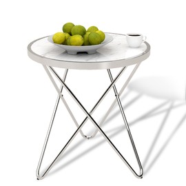 DYZAIMAX Round Coffee Table, Small Coffee Table for Living Room, Bedroom, Balcony - Waterproof White Marble Texture Top with Sturdy Metal Frame, Space-Saving Design, Easy Assembly, 21.7x19.7 Inches