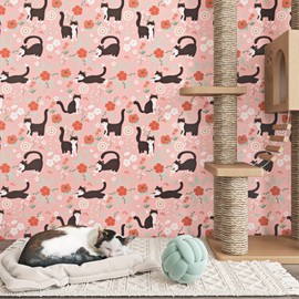 Wallderful Floral Cat Wallpaper Stick and Peel Pink Kitten Contact Paper Fun Cute Black Cat Sticker Leaf Flower Wallpaper Self Adhesive Wall Paper for Dollhouse Girls Room Cabinets 17.5"x102" Animal