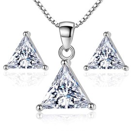 MOLIDAY Triangle Solitaire Pendant Dainty Necklace For Women CZ Stud Earrings Cubic Zirconia Jewelry Set Ladies(Triangle-Silver)