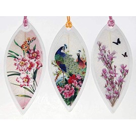 Lucore Home Leaf Bookmarks - Peacocks and Pink Flowers Asian Painting Lucky Charm, Ornament, Hanging & Wall Decor, Art Decoration - 3 Pcs, Made of Real Leaves