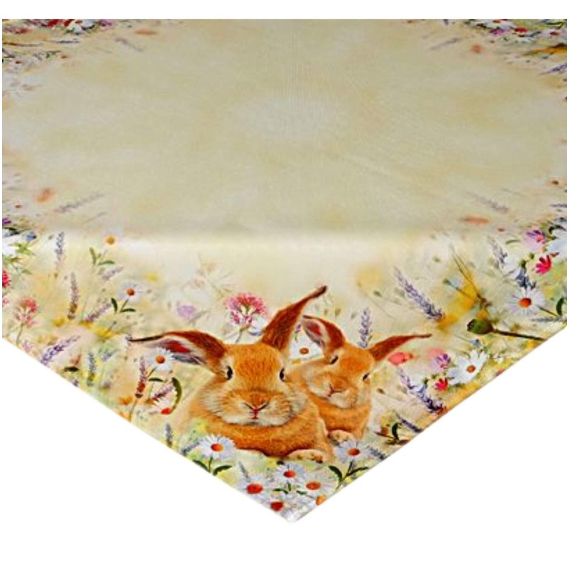 Raebel Tablecloth - Light Yellow / Colourful Embroidery Print Rabbits