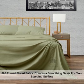 Queen Size Bed Sheets - 600 Thread Count Egyptian Cotton - 15 Inch Deep Pocket Fitted Sheet - Cooling Sheets - 4 Piece Premium Sheet Set for Queen Bed - Sage Solid