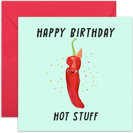 Old English Co. Hot Stuff Happy Birthday Card for Husband or Wife - Chilli Pepper Birthday Card for Boyfriend or Girlfriend - 'Hot Stuff' Cute Birthday Card for Him Her | Blank Inside with Envelope