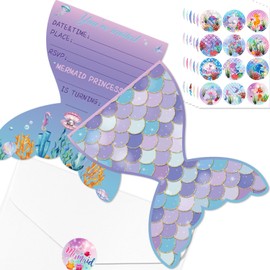 20Pcs Mermaid Birthday Invitations Sets with Envelopes and Stickers Mermaid Scale Paper Cards for Girl Baby Shower Under the Sea Mermaid Party Decorations, 6.7 x 5.3 Inch