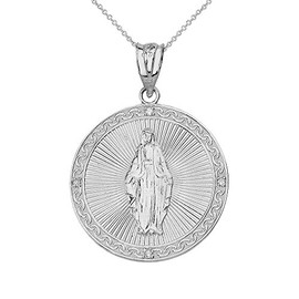 Sideways Crosses Religious Jewelry Sterling Silver Blessed Virgin Mary Miraculous Round CZ Medal Necklace (Small), 18"