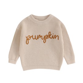 Achlibe Toddler Girls Autumn Winter Knit Sweater Long Sleeve Crewneck Letter Embroidery Pullover Knitwear (Cream White, 6-9 Months)