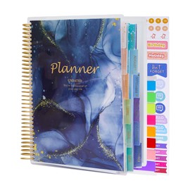 Large Undated Planner, 8.9”x7.1”, PET Cover Daily Weekly Monthly Yearly Agenda Organizer Sprial Notebook Journal for 2024, 2025, Page Tabs, Separator Page, Pocket Folder, Sticky Note Set