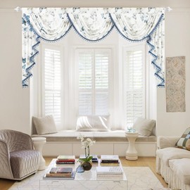 Leeva Extra Wide Sheer Valance Curtains, Butterflies Print Waterfall Swag with Decorative Bead Tassels, Breathable Light Filtering Voile Sheer for Windows Kitchen Living Room Nursery, 79" x 43"