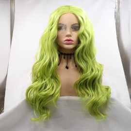 Xiweiya Olive Green Wavy Synthetic Lace Front Wig Long Wave Grass Green Lace Front Wigs Natural Looking Half Hand Tied Wigs Hear Resistant Fiber Synthetic Hair Replacement Wigs for Women 24inch