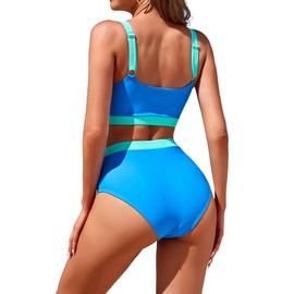 Adisputent Womens High Waisted Bikini Sets Sporty Crop Top Color Block Swimwear Bandeau Scoop Neck Vintage Two Piece Bathing Suits Blue XL